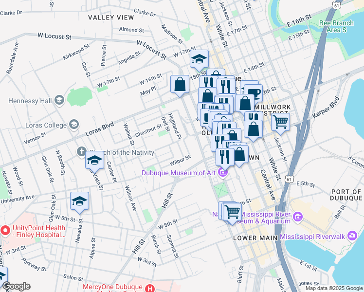 map of restaurants, bars, coffee shops, grocery stores, and more near 1083 Grove Terrace in Dubuque