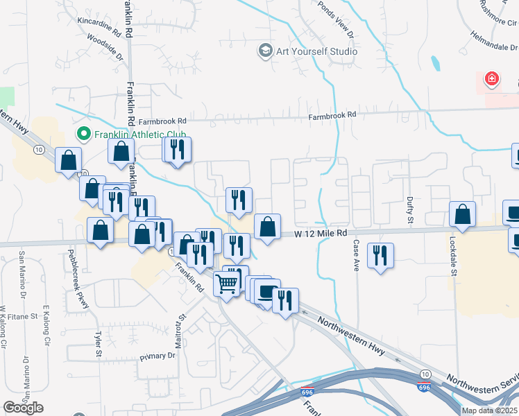 map of restaurants, bars, coffee shops, grocery stores, and more near 29095 Franklin Hills Drive in Southfield