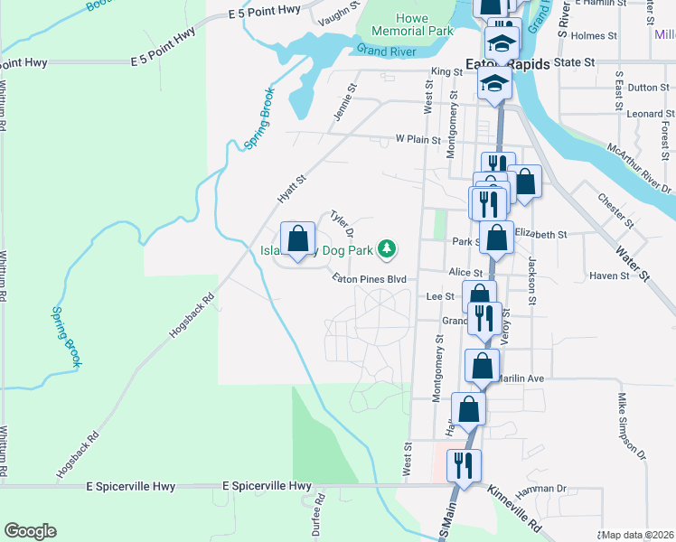 map of restaurants, bars, coffee shops, grocery stores, and more near 472 Eaton Pines Boulevard in Eaton Rapids