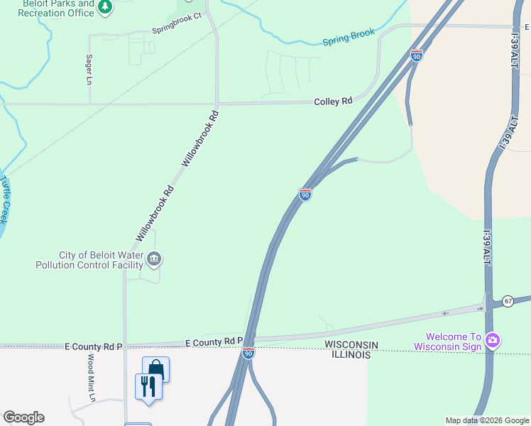 map of restaurants, bars, coffee shops, grocery stores, and more near 601 Willowbrook Road in Beloit