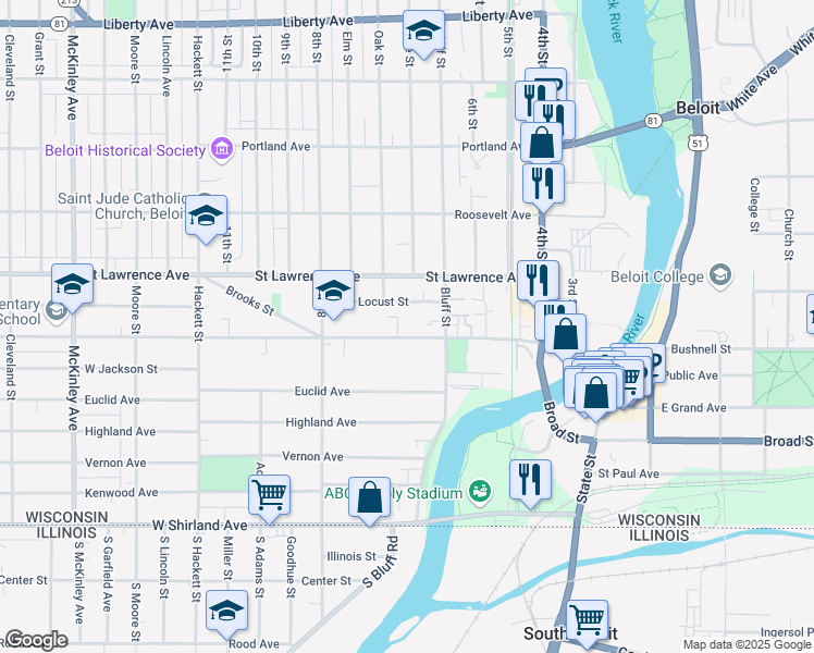 map of restaurants, bars, coffee shops, grocery stores, and more near 339 West Grand Avenue in Beloit