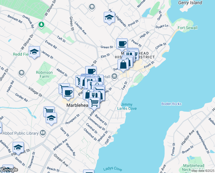 map of restaurants, bars, coffee shops, grocery stores, and more near 5 Nicholson Street in Marblehead