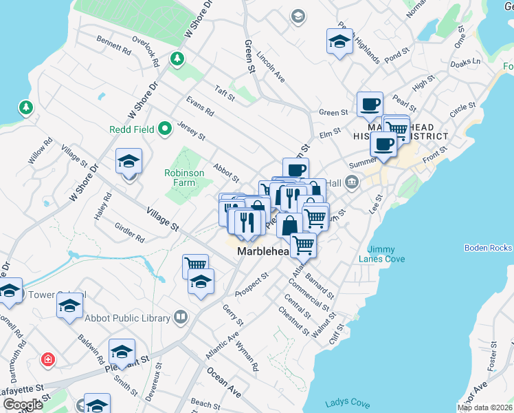 map of restaurants, bars, coffee shops, grocery stores, and more near 5 Linden Street in Marblehead
