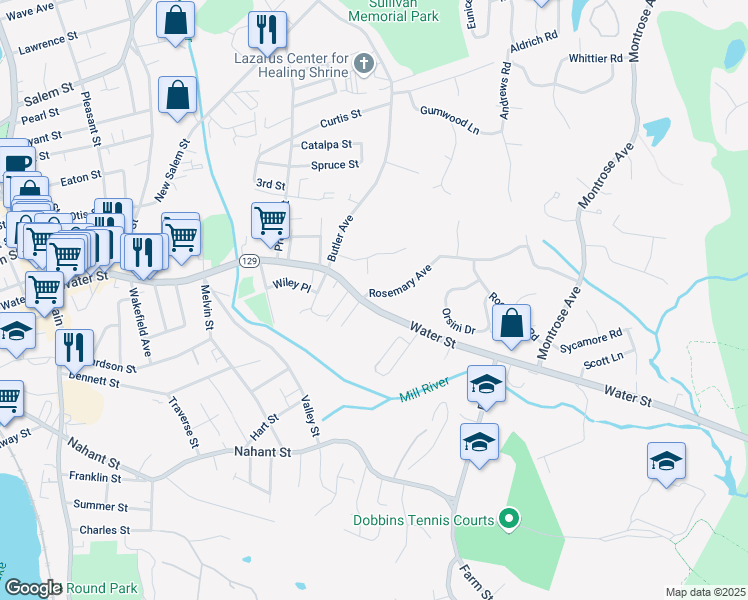 map of restaurants, bars, coffee shops, grocery stores, and more near 322 Water Street in Wakefield