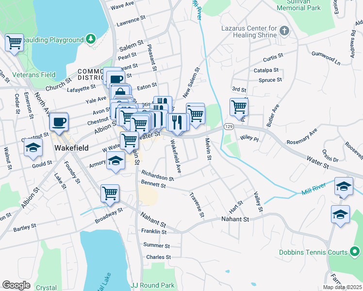 map of restaurants, bars, coffee shops, grocery stores, and more near 111 Water Street in Wakefield