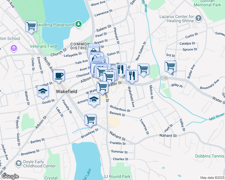 map of restaurants, bars, coffee shops, grocery stores, and more near 23r Water Street in Wakefield