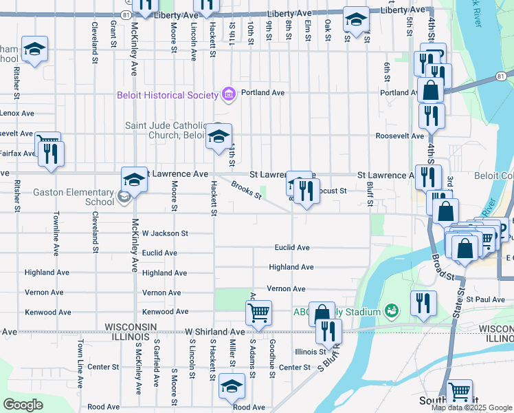 map of restaurants, bars, coffee shops, grocery stores, and more near 774 Brooks Street in Beloit