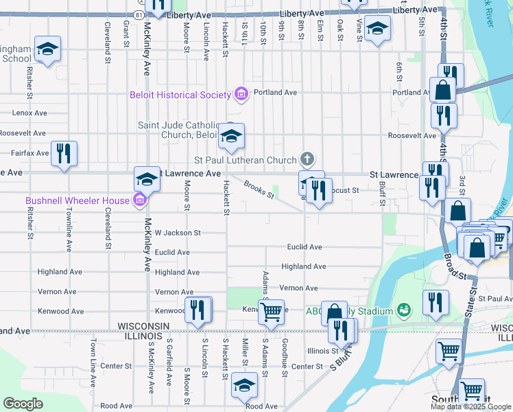 map of restaurants, bars, coffee shops, grocery stores, and more near 774 Brooks Street in Beloit