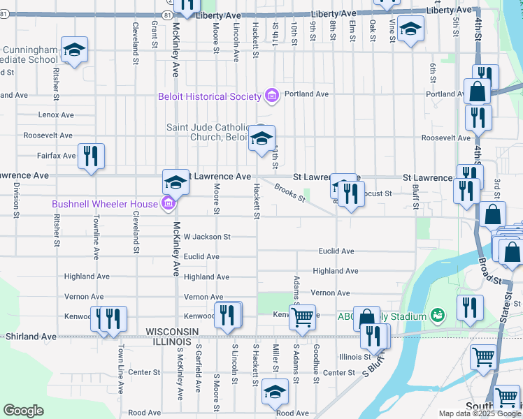 map of restaurants, bars, coffee shops, grocery stores, and more near 928 Brooks Street in Beloit