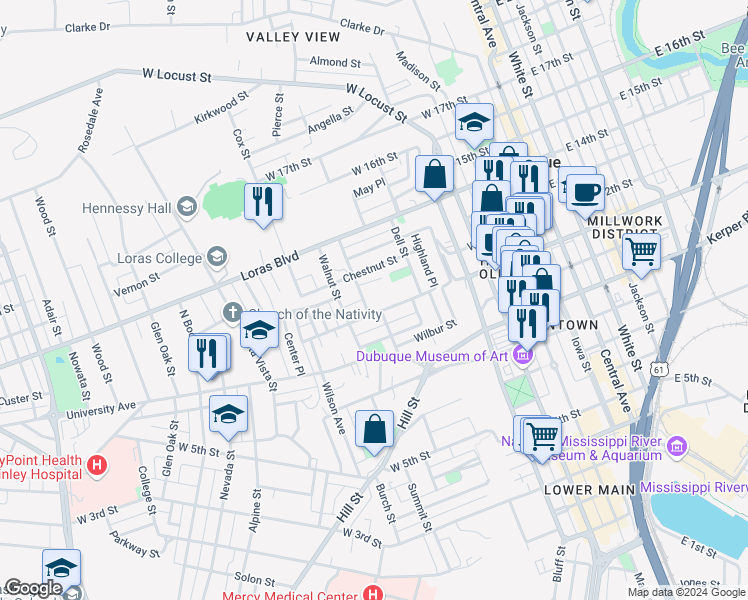 map of restaurants, bars, coffee shops, grocery stores, and more near 1206 Prairie Street in Dubuque