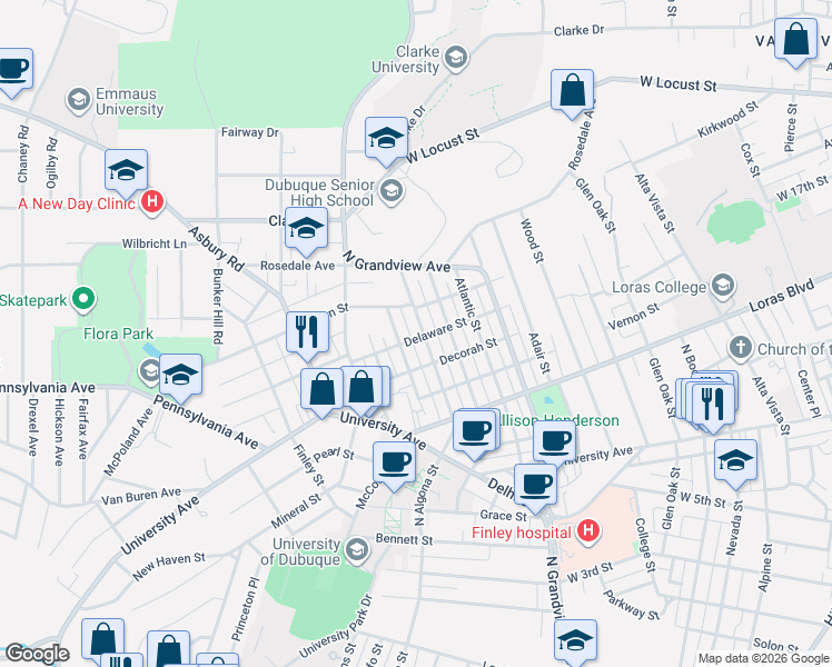 map of restaurants, bars, coffee shops, grocery stores, and more near 1735 North Algona Street in Dubuque