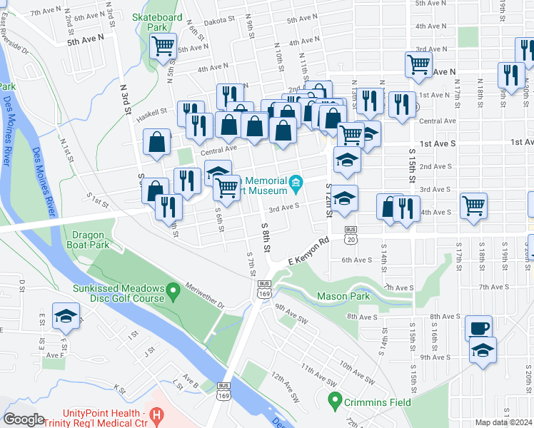 map of restaurants, bars, coffee shops, grocery stores, and more near 805 3rd Avenue South in Fort Dodge