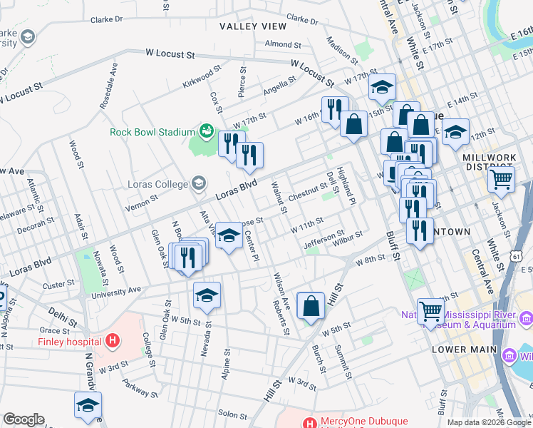 map of restaurants, bars, coffee shops, grocery stores, and more near 761 Rose Street in Dubuque