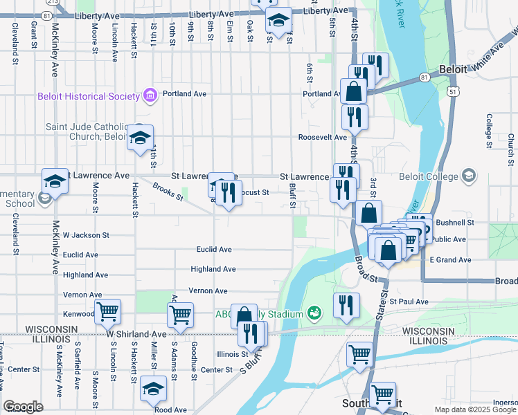 map of restaurants, bars, coffee shops, grocery stores, and more near 349 West Grand Avenue in Beloit