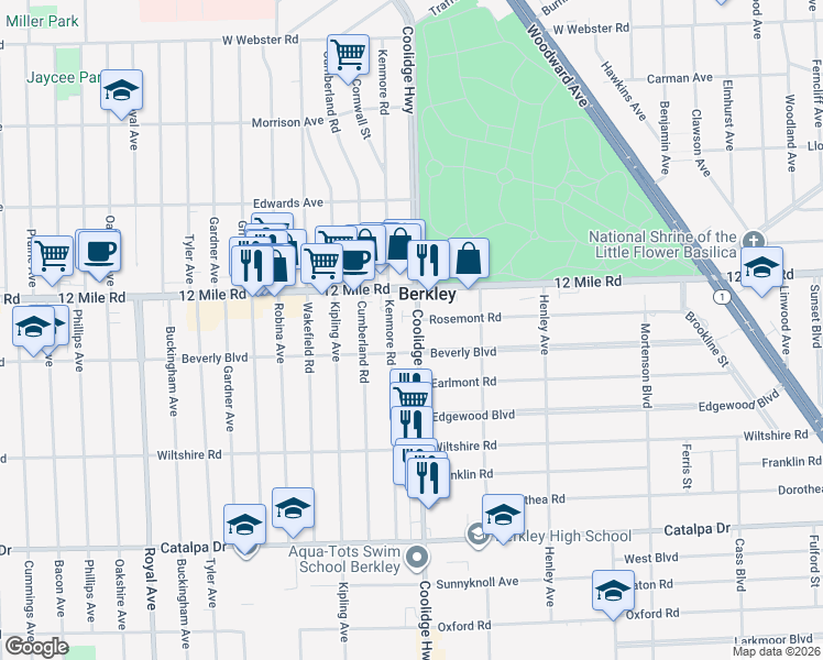 map of restaurants, bars, coffee shops, grocery stores, and more near in Berkley