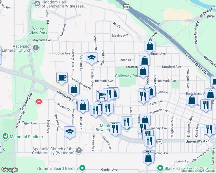 map of restaurants, bars, coffee shops, grocery stores, and more near 810 Hickory Street in Waterloo
