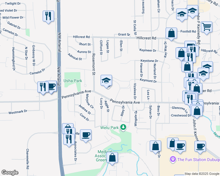 map of restaurants, bars, coffee shops, grocery stores, and more near 3715 Pennsylvania Avenue in Dubuque