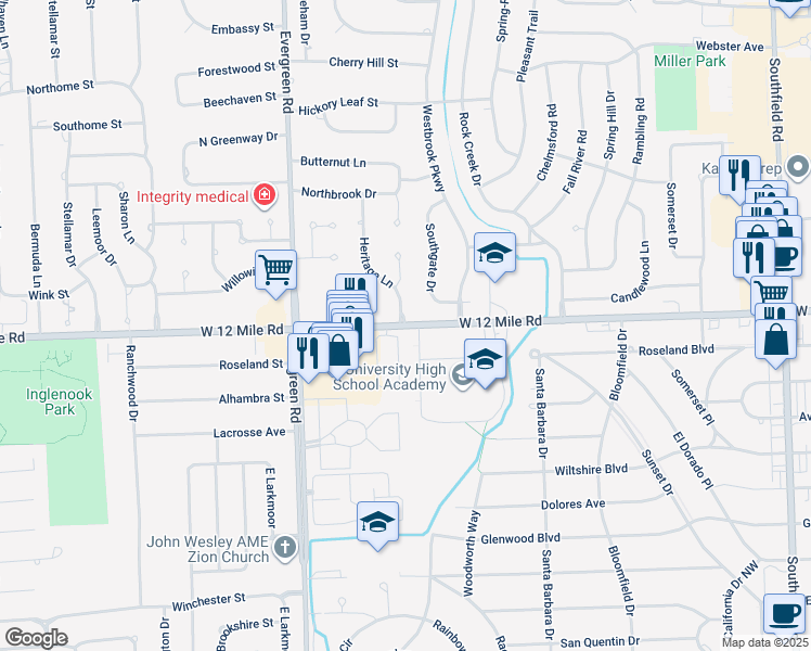 map of restaurants, bars, coffee shops, grocery stores, and more near 18710 Heritage Lane in Southfield
