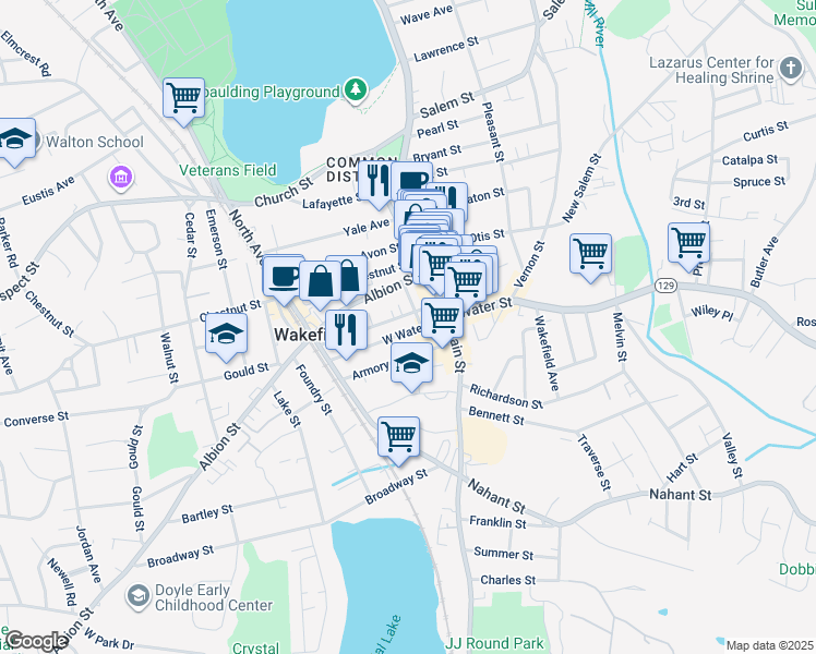 map of restaurants, bars, coffee shops, grocery stores, and more near 15 West Water Street in Wakefield