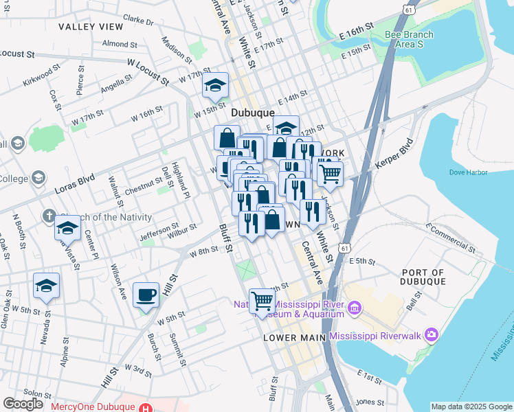 map of restaurants, bars, coffee shops, grocery stores, and more near 920 Main Street in Dubuque