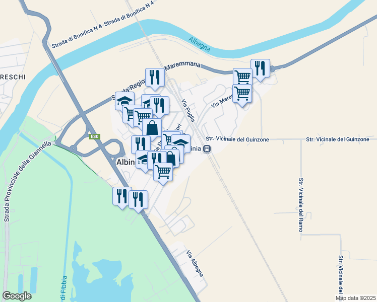 map of restaurants, bars, coffee shops, grocery stores, and more near 74 Via Maremmana in Albinia