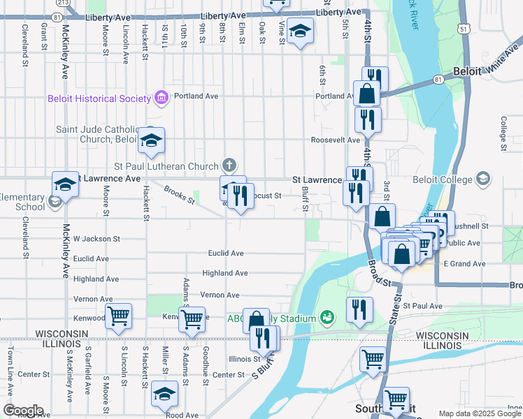 map of restaurants, bars, coffee shops, grocery stores, and more near 501 West Grand Avenue in Beloit
