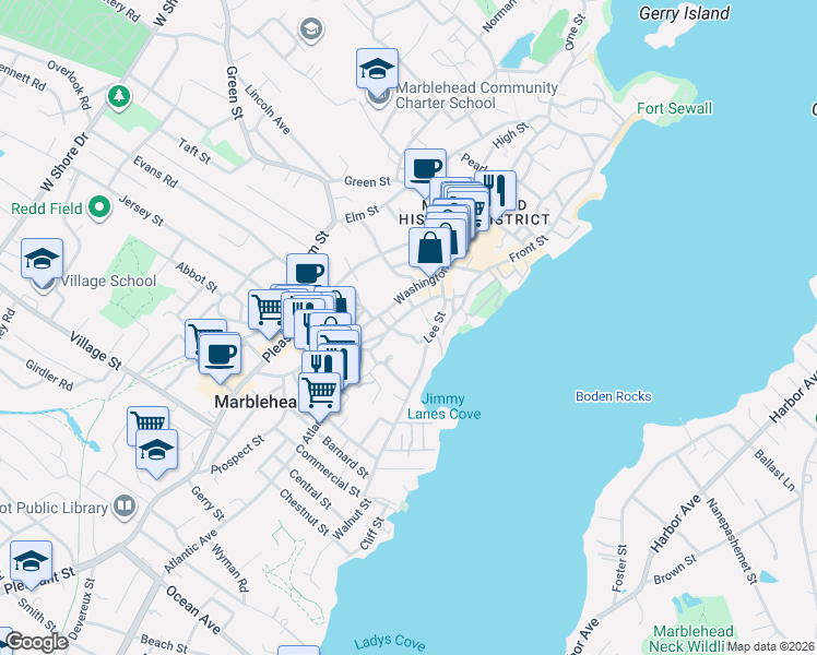 map of restaurants, bars, coffee shops, grocery stores, and more near 188 Washington Street in Marblehead