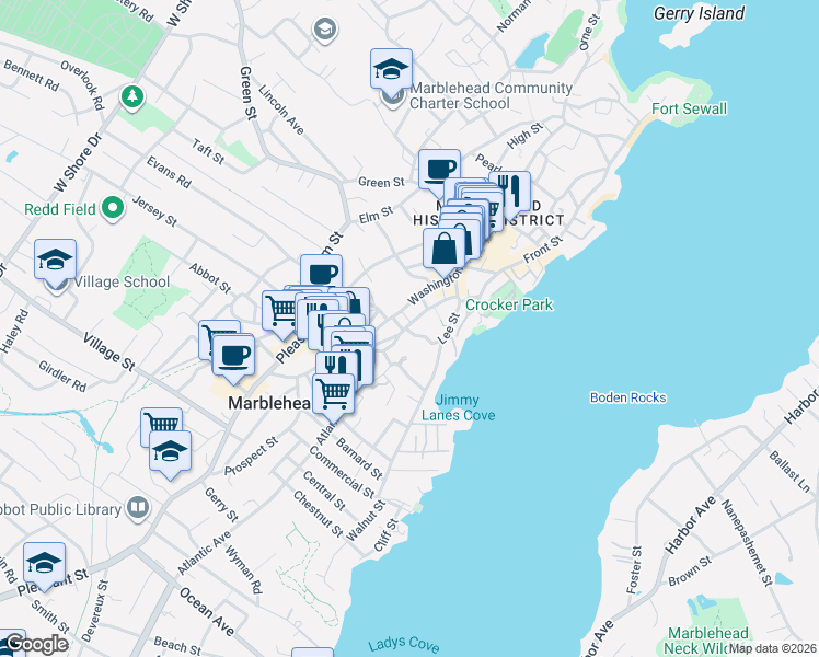 map of restaurants, bars, coffee shops, grocery stores, and more near 188 Washington Street in Marblehead