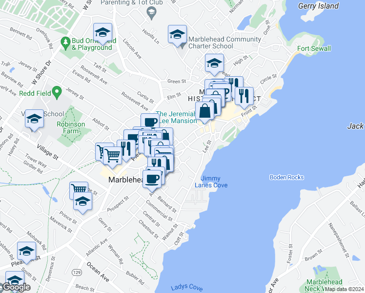 map of restaurants, bars, coffee shops, grocery stores, and more near 188 Washington Street in Marblehead