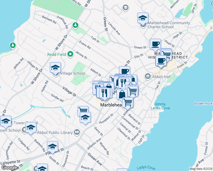 map of restaurants, bars, coffee shops, grocery stores, and more near 5 Linden Street in Marblehead