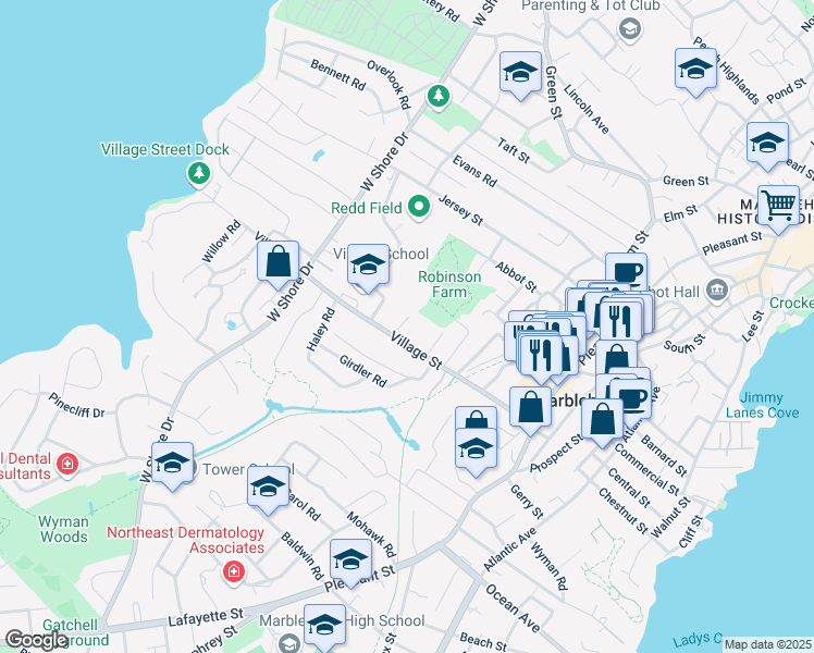 map of restaurants, bars, coffee shops, grocery stores, and more near 69 Village Street in Marblehead