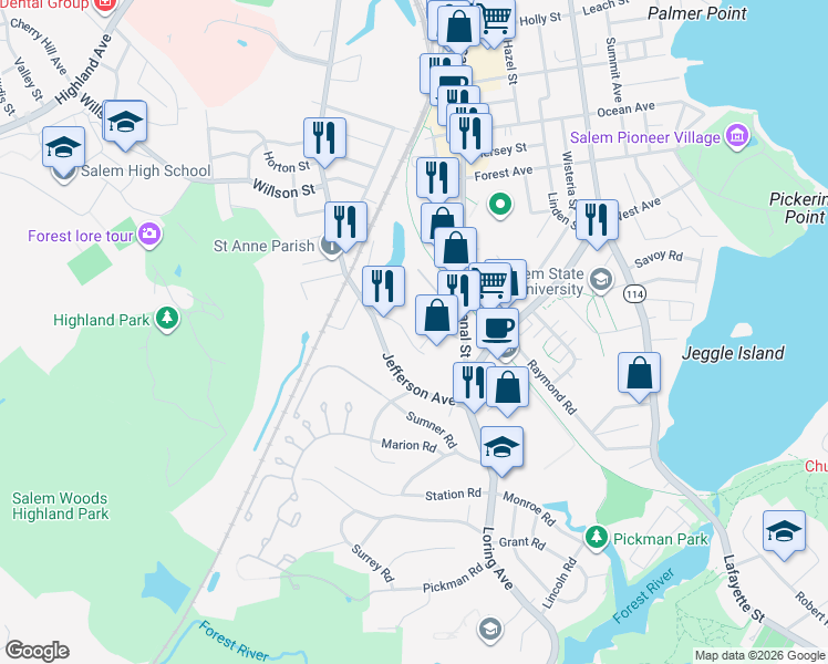 map of restaurants, bars, coffee shops, grocery stores, and more near 5 Kimball Road in Salem
