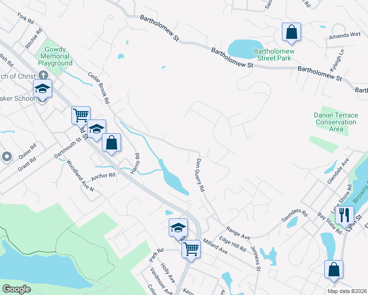 map of restaurants, bars, coffee shops, grocery stores, and more near 161 Den Quarry Road in Lynn