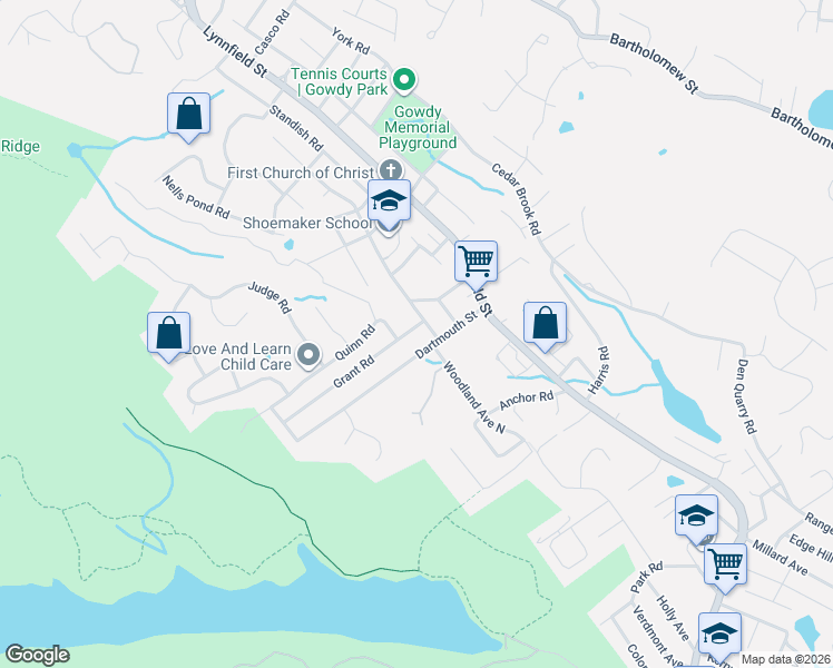 map of restaurants, bars, coffee shops, grocery stores, and more near 11 Grant Road in Lynn