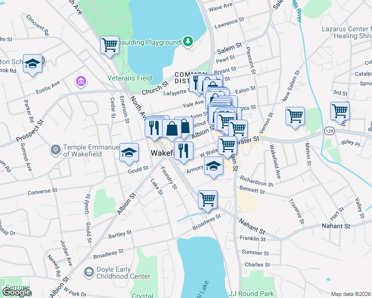 map of restaurants, bars, coffee shops, grocery stores, and more near 74 Albion Street in Wakefield