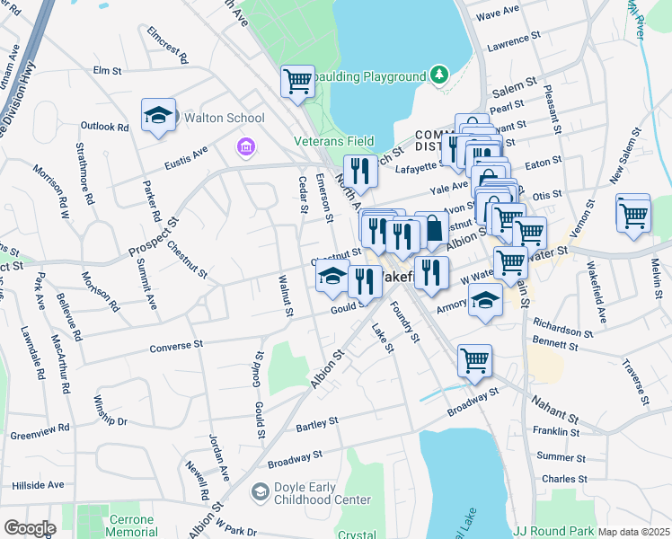 map of restaurants, bars, coffee shops, grocery stores, and more near 53 Chestnut Street in Wakefield