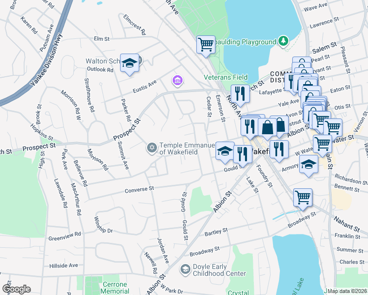 map of restaurants, bars, coffee shops, grocery stores, and more near 3 Fairmount Terrace in Wakefield
