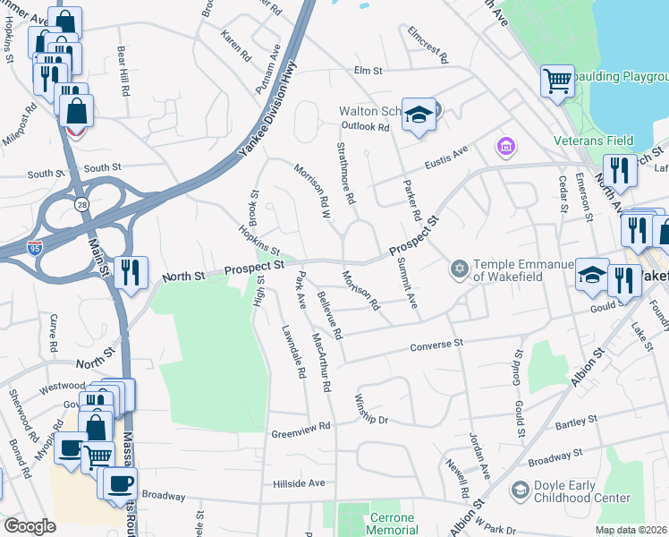 map of restaurants, bars, coffee shops, grocery stores, and more near 149 Prospect Street in Wakefield