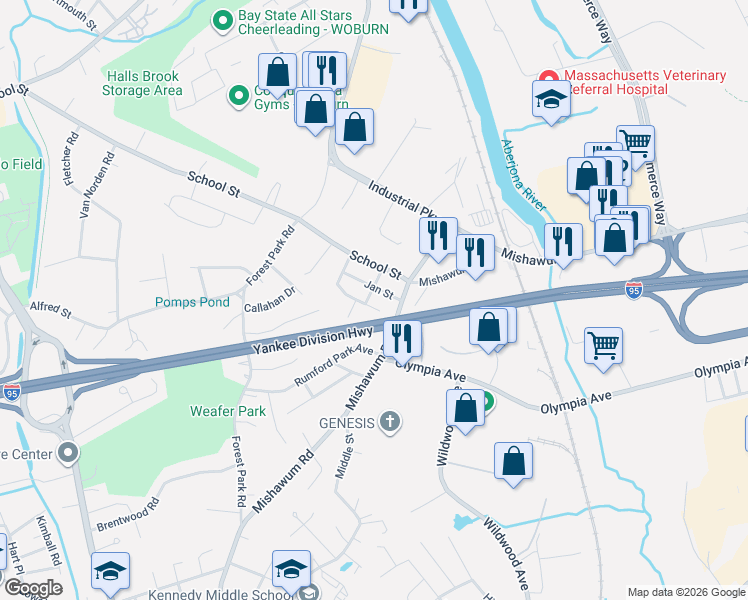 map of restaurants, bars, coffee shops, grocery stores, and more near 5 Alice Road in Woburn