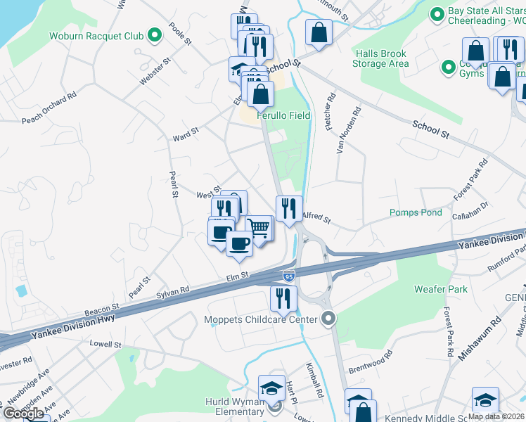 map of restaurants, bars, coffee shops, grocery stores, and more near 20 Elm Street in Woburn