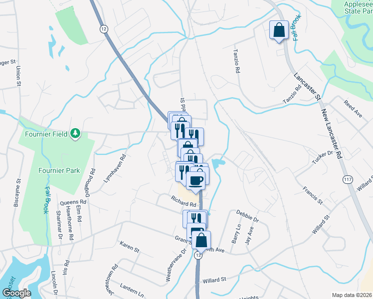 map of restaurants, bars, coffee shops, grocery stores, and more near 739 Central Street in Leominster