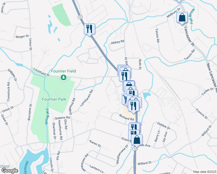 map of restaurants, bars, coffee shops, grocery stores, and more near 379 Litchfield Street in Leominster