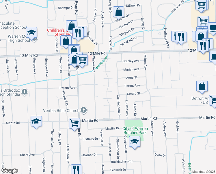 map of restaurants, bars, coffee shops, grocery stores, and more near 4476 Glenoaks Court in Warren