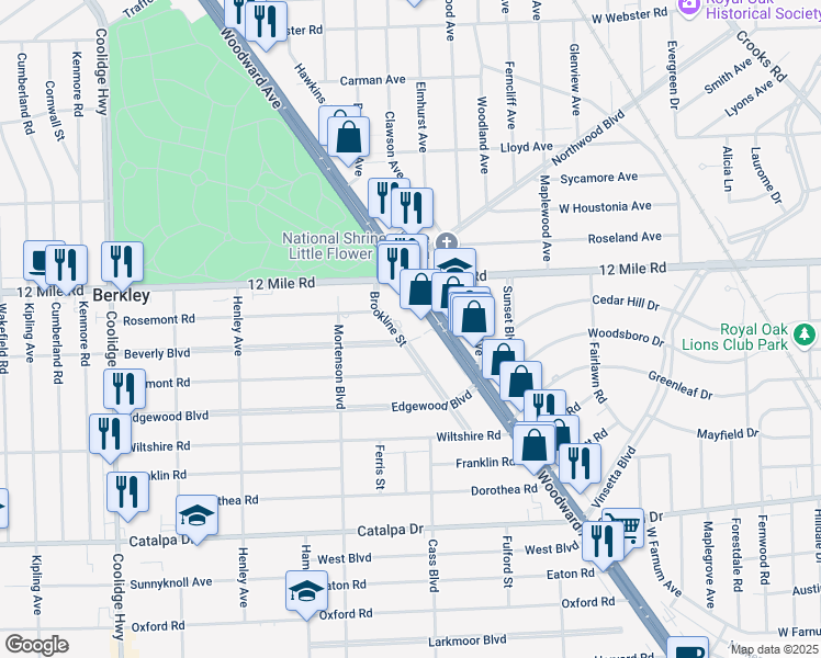 map of restaurants, bars, coffee shops, grocery stores, and more near 28913-28933 Woodward Avenue in Berkley