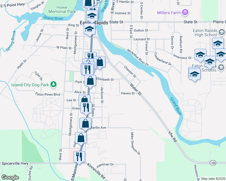map of restaurants, bars, coffee shops, grocery stores, and more near 914 Grove Street in Eaton Rapids
