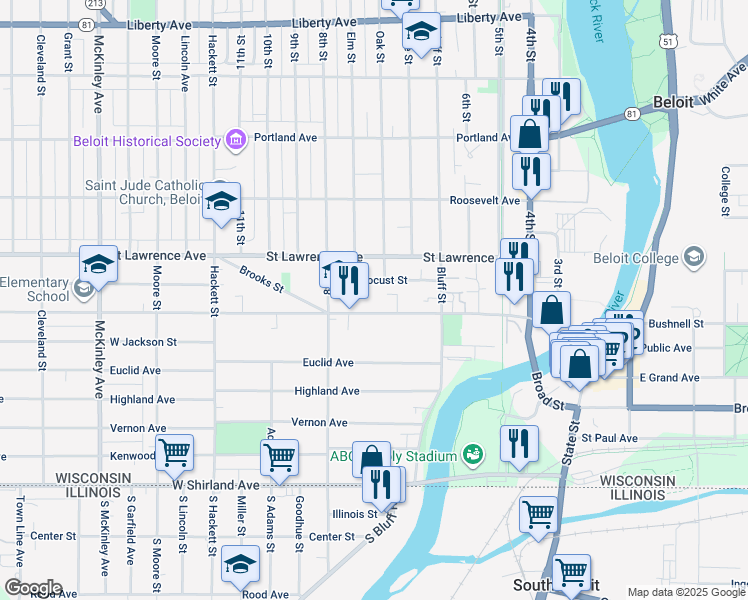 map of restaurants, bars, coffee shops, grocery stores, and more near 506 Locust Street in Beloit