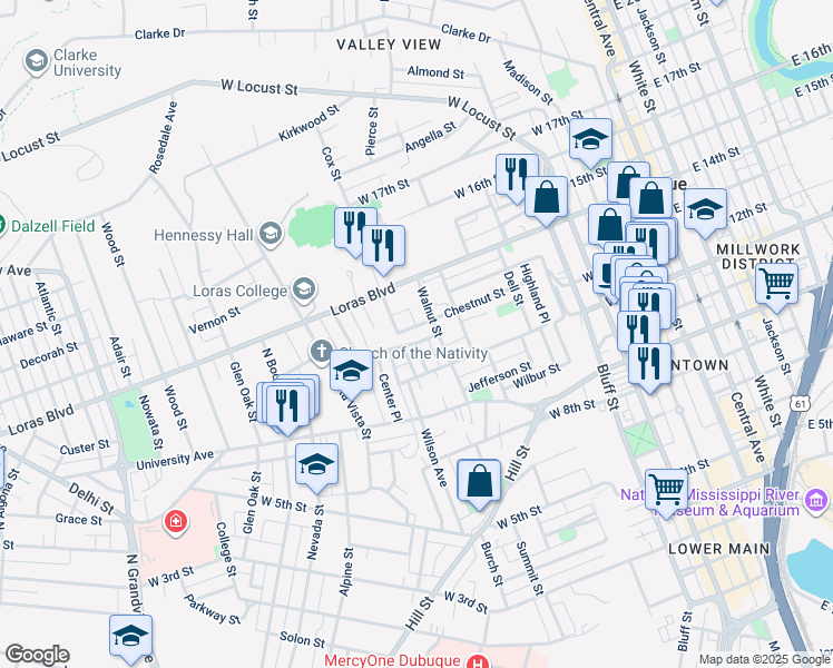 map of restaurants, bars, coffee shops, grocery stores, and more near 1251 Walnut Street in Dubuque