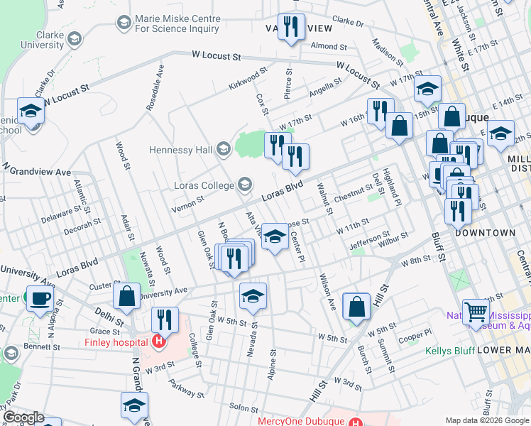 map of restaurants, bars, coffee shops, grocery stores, and more near 1370 Belmont Street in Dubuque