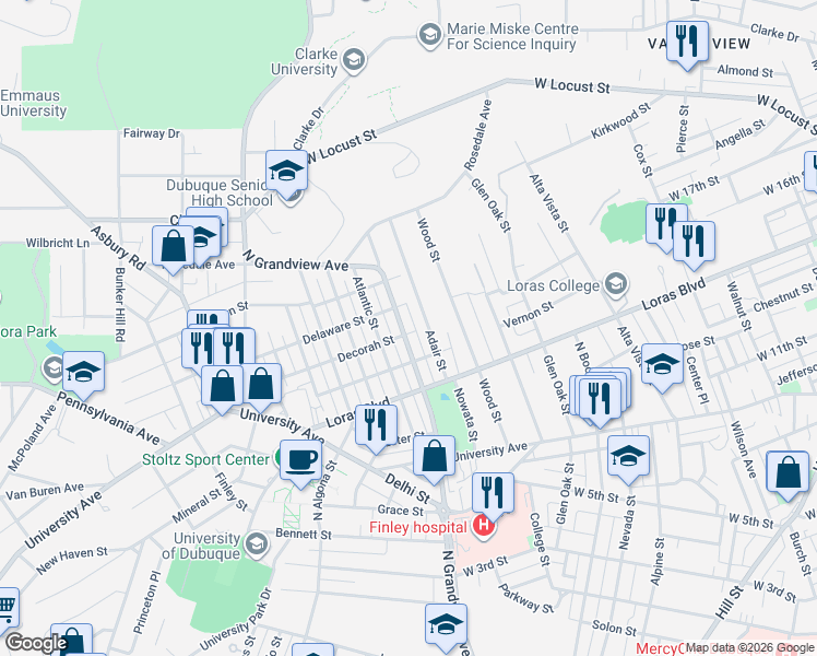 map of restaurants, bars, coffee shops, grocery stores, and more near 1695 North Grandview Avenue in Dubuque