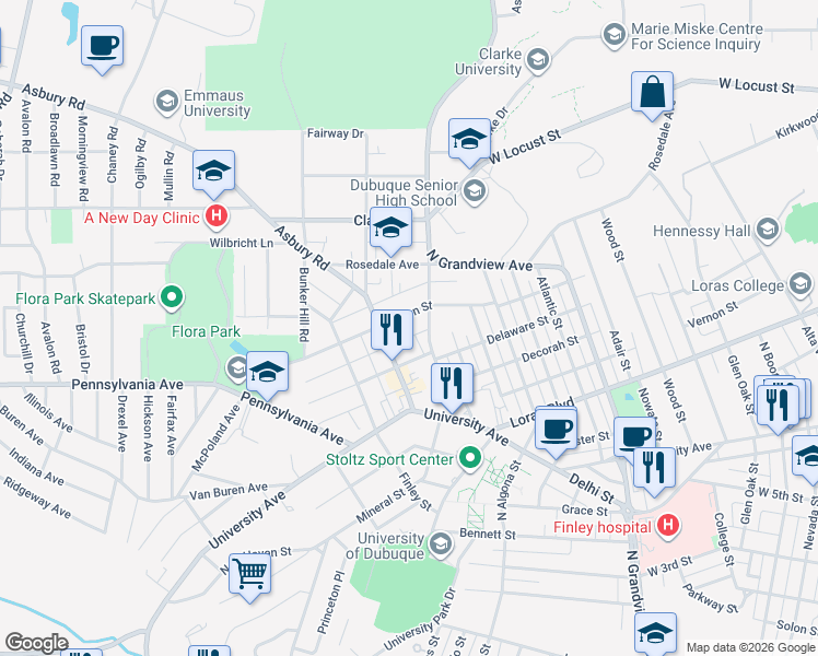 map of restaurants, bars, coffee shops, grocery stores, and more near 1775 Avoca Street in Dubuque